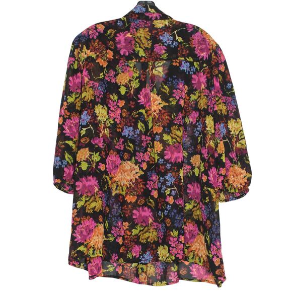 Roamans Top 3/4 Sleeve Sheer Floral Cottage Boho Romantic Button Up Black 26W - Picture 2 of 4